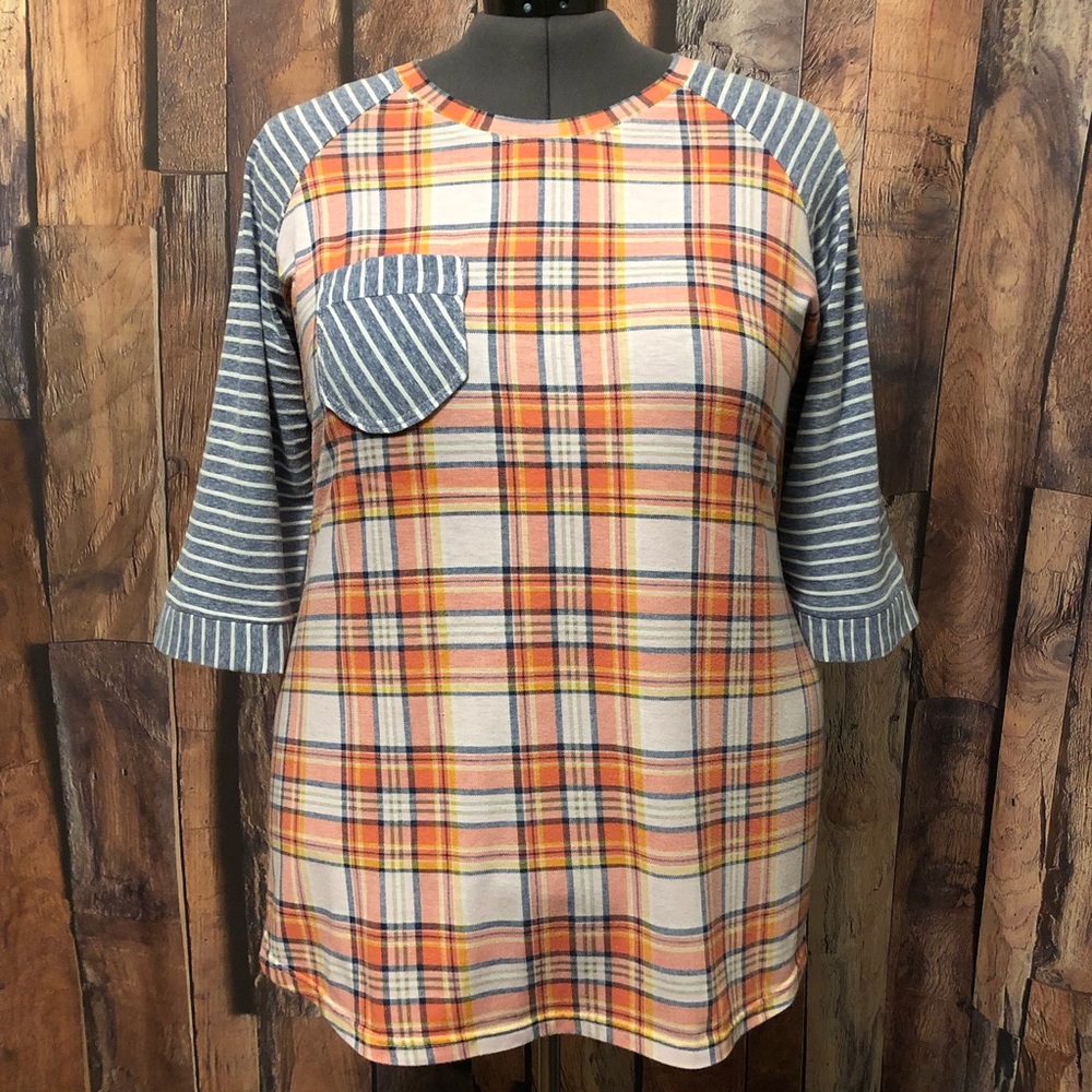 2X/3X OOAK handmade plaid/stripe raglan shirt